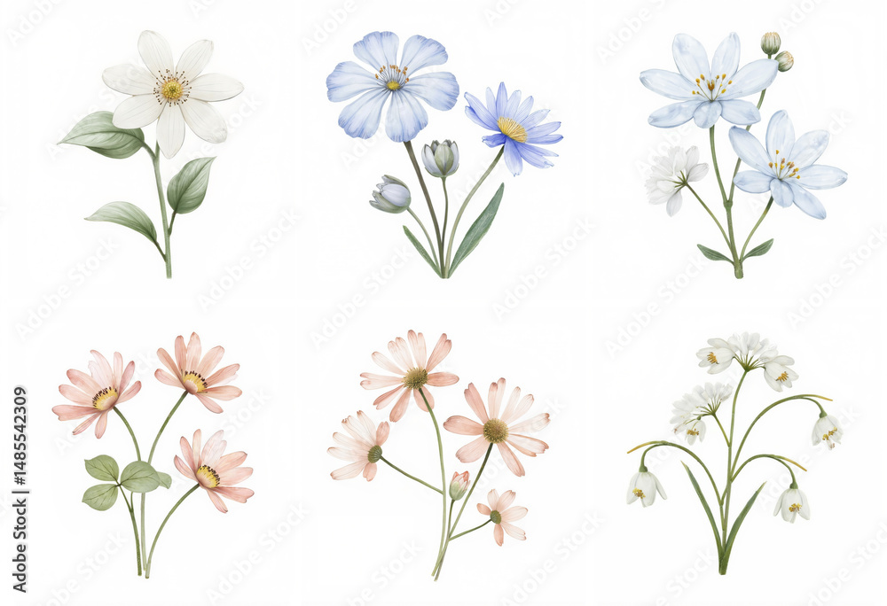 Fototapeta premium Delicate floral illustrations capturing spring blooms with varying colors and shapes