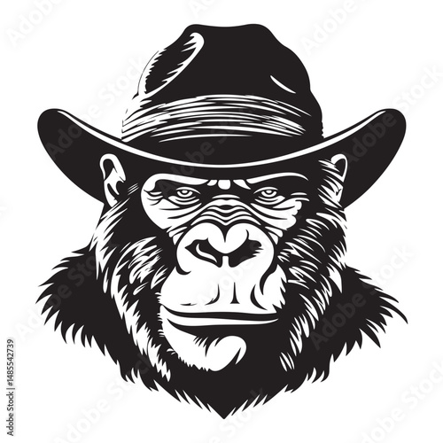 Gorilla wearing hat, vintage logo line art concept black and white color, gorilla vector illustration