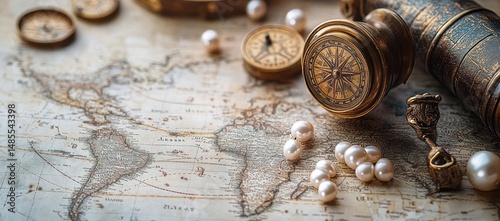 Vintage nautical scene with old world map, brass compass, telescope, pocket watch, and scattered pearls evoking exploration and adventure