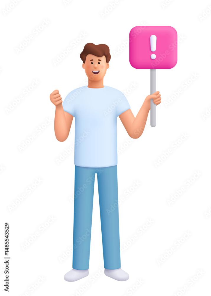 Young smiling man James holding placard or banner. Demonstration, protest, political announcement, struggle for rights concept. 3d vector people character. Cartoon minimal style.