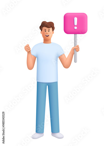 Young smiling man James holding placard or banner. Demonstration, protest, political announcement, struggle for rights concept. 3d vector people character. Cartoon minimal style.