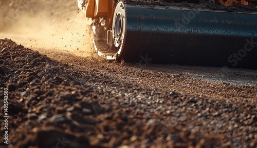 Compaction machinery at work.  Close-up view of a heavy machinery compactor rolling over freshly laid soil.  Dust and debris are kicked up