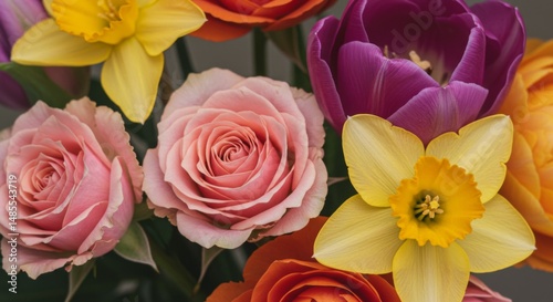 Wallpaper Mural Closeup of Colorful Spring Flowers: Pink Roses, Purple Tulips, and Yellow Daffodils Torontodigital.ca