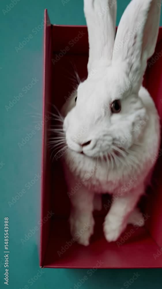  Lapin blanc assis dans une boîte rouge sur fond turquoise
