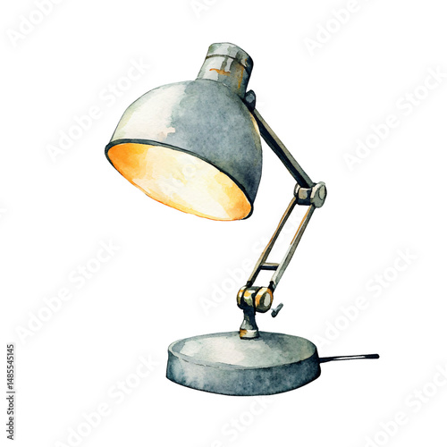 Watercolor illustration of modern adjustable desk lamp with metallic finish, emitting warm light, on round base, ideal for study or workspaces, with sleek and functional design