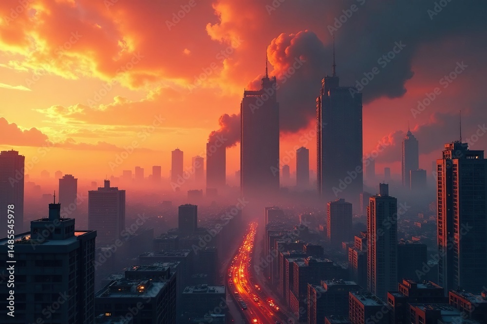 Fototapeta premium Desolate cityscape, skeletal skyscrapers piercing ash-filled sky, dust, ruins