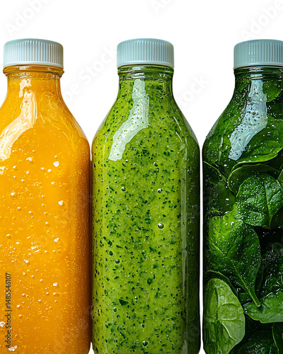 Three Colorful Bottles of Juice or Smoothie Against Black Background, cut out, no background