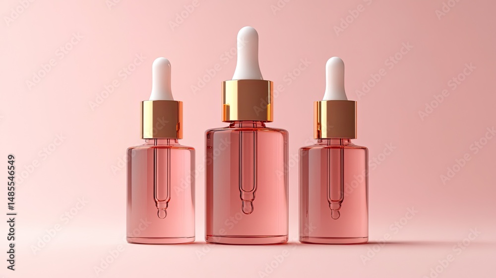 Cosmetic serum bottle with pipette mockup, 3D render, skin care oil dropper in multiple views.