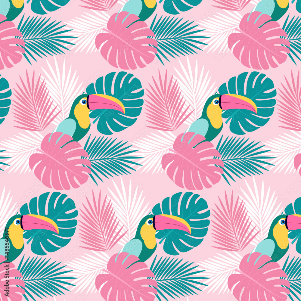 Obraz premium Seamless repeating pattern with leaves and toucans.