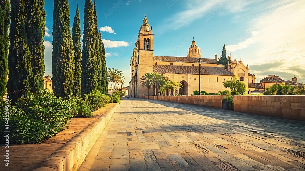 Fototapeta premium Sunlit Cathedral Pathway: A Serene Mediterranean Vista