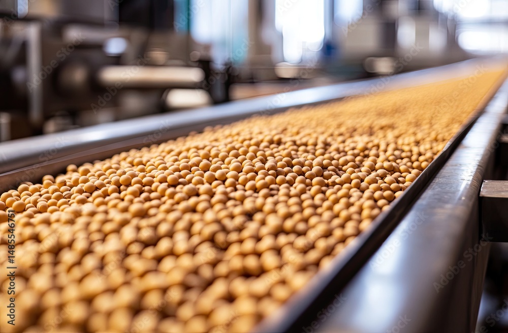 Fototapeta premium Soybeans on a Conveyor Belt in a Processing Plant