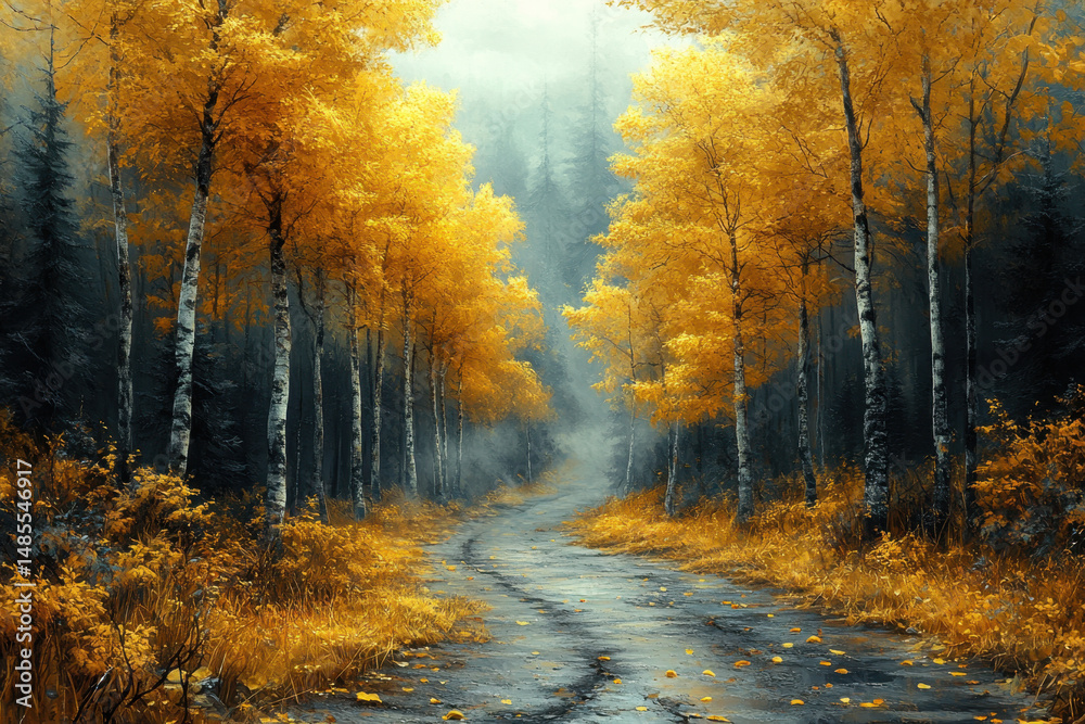 Obraz premium A road running through a forest in a painting.