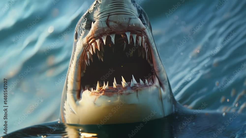 Ferocious great white shark emerges from ocean water with open jaws ...