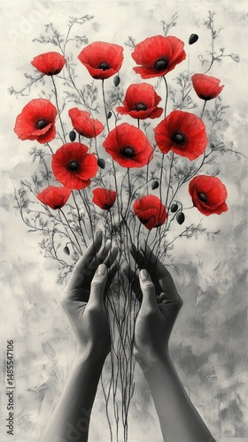 Black and white hands gently holding vibrant red poppy flowers with delicate stems against a soft textured background