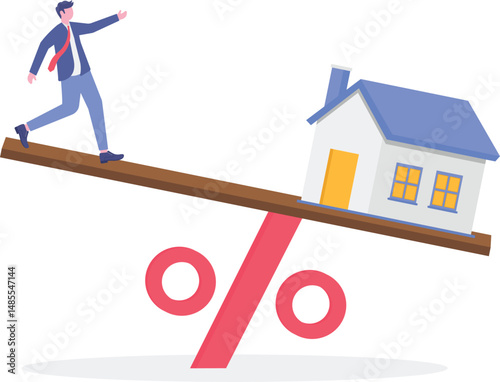 businessman trying to balance the mortgage interest rate percentage on the house .

