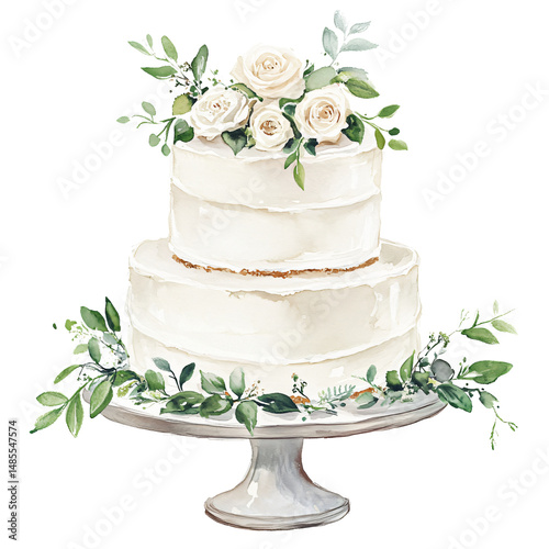 Beautiful two tier wedding cake decorated with white roses and green foliage, perfect for romantic celebration or special event, with watercolor style that adds elegance and charm