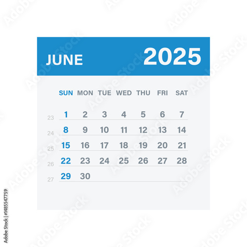 Monthly Calendar for June 2025. Red Theme on Transparent Background