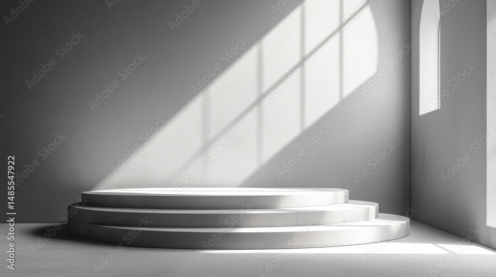 Obraz premium Empty white pedestal stage in room with window light. Possible use Product display