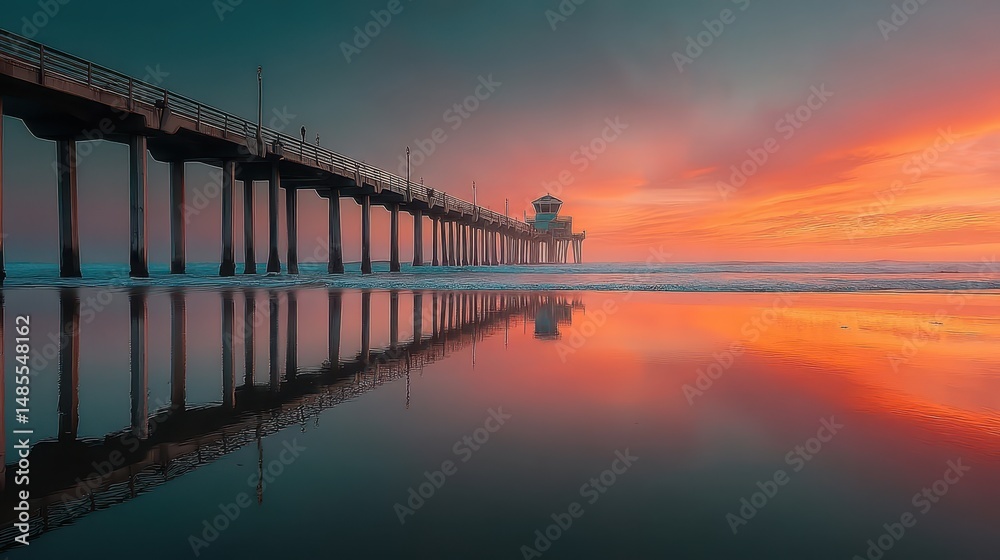 Fototapeta premium Seaside Pier Glowing Under Golden Hour Light with Stunning Reflections in Calm Waters