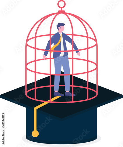depressed confused new graduated student in birdcage with graduation cap.

