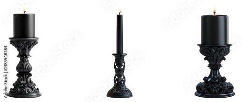 Elegant Black Candle Holders with Candles on Transparent Background