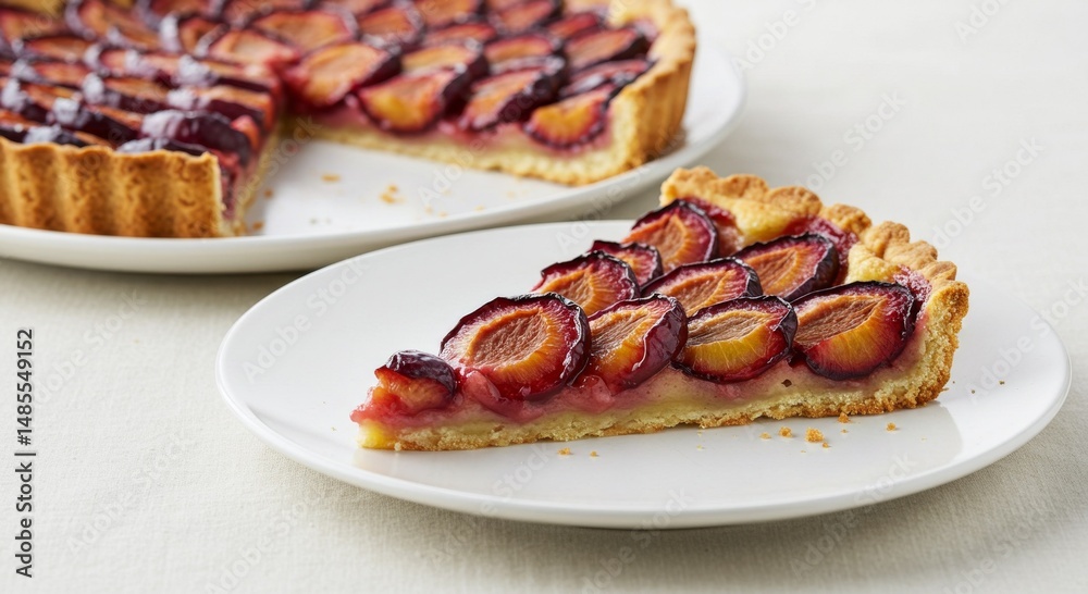 A Slice of Plum Tart on a White Plate A Slice of Plum Tart on a White Plate