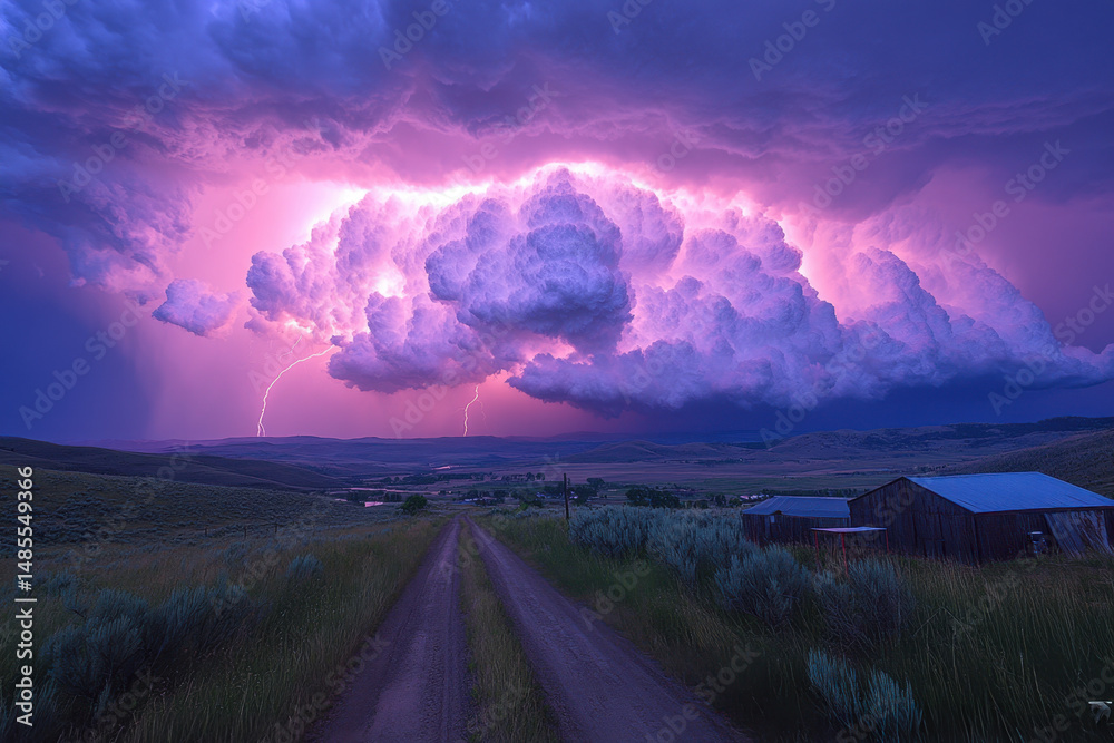 Obraz premium Lightning storm illuminating rural road in Kansas foothills.