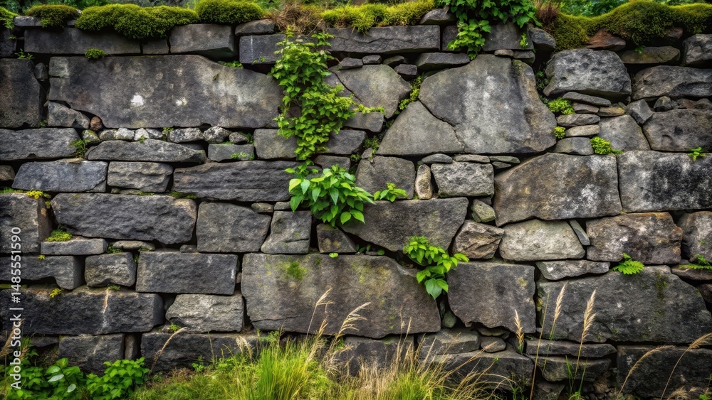 Old stone wall with deep cracks revealing a dark grey or black background , overgrown vegetation, rugged landscape Old stone wall with deep cracks revealing a dark grey or black background , overgrown vegetation, rugged landscape