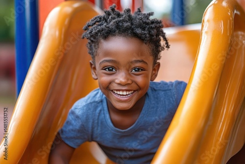 Happy young child sliding down a bright orange playground slide smiling joyfully
