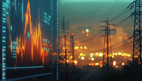 Financial data overlayed on an urban electric landscape.  A digital display shows fluctuating financial metrics, highlighted in orange,