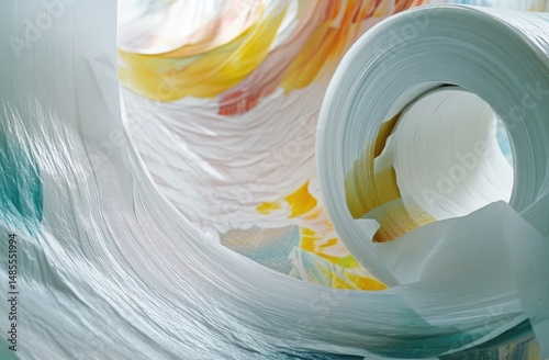 Printed material unwinding from a large roll.  Colorful graphic design on white sheet