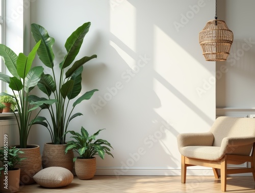Interior with plants, wooden furniture, textile accents. Clear space on the right for text.
