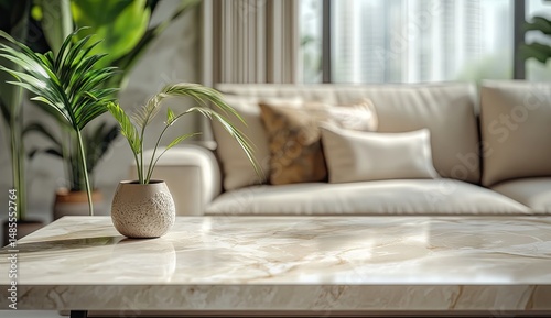 Modern living room, coffee table with potted plant.  Soft beige tones,  natural light, and lush greenery