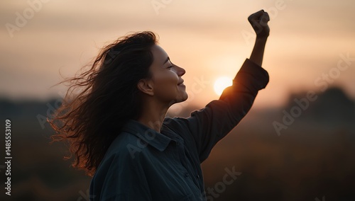Woman Triumphantly Greets Sunrise Feeling Empowered Outdoors Nature Hopeful Freedom