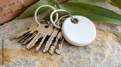 Metal keys with a white round tag on a stone surface, surrounded by greenery