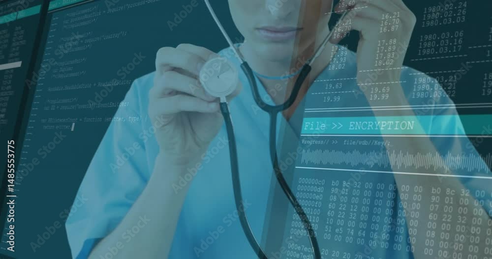 Health tech doctor adjusting stethoscope while scanning code through transparent encryption overlay