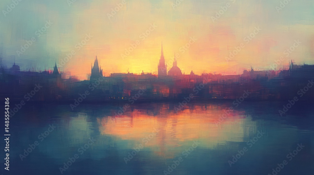 Naklejka premium Serene cityscape reflection on water at dusk with warm and cool tones