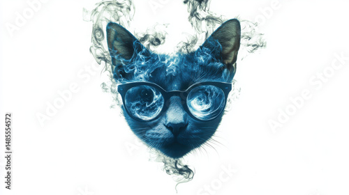 Surreal cat face with blue smoke swirling around it, wearing large glasses, creates whimsical and imaginative atmosphere. This unique artwork blends elements of fantasy and creativity