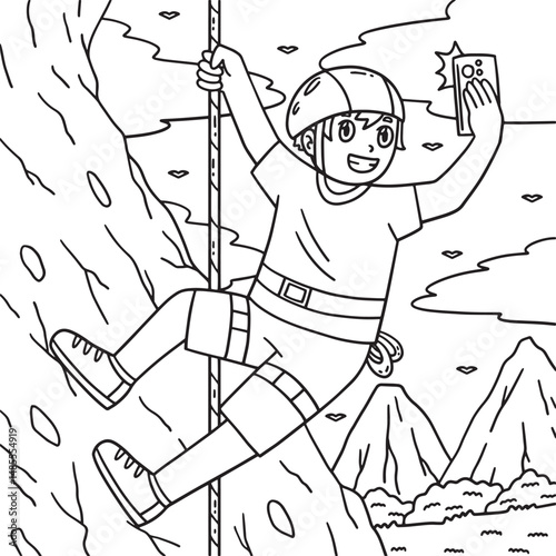Bouldering Boy Selfie while Climbing Coloring 