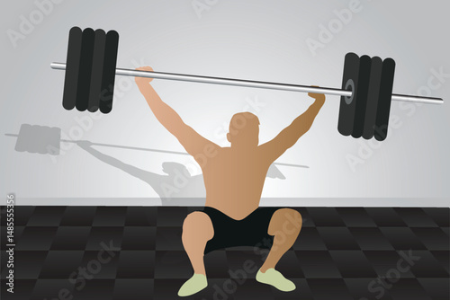 Crossfit athlete doing exercise lifting weights barbell, Indoor fitness concept, vector illustration design background