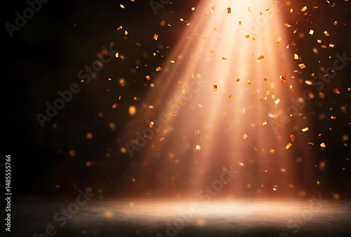 Festive Golden Confetti Falling Under Spotlight Illumination Stage Background