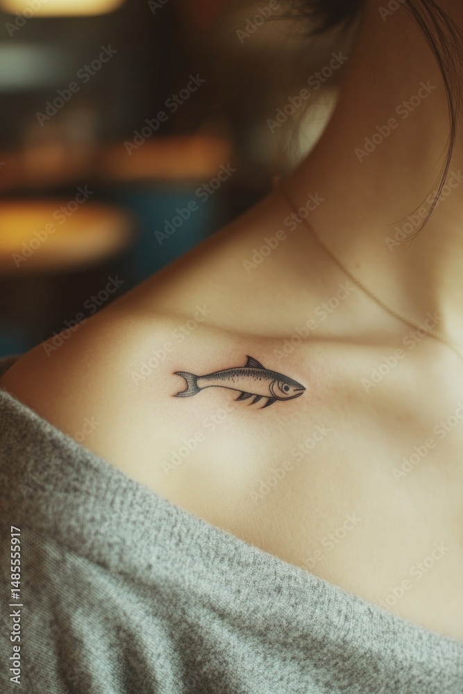 Obraz premium Delicate tattoo of fish on shoulder, blending artistry with coas
