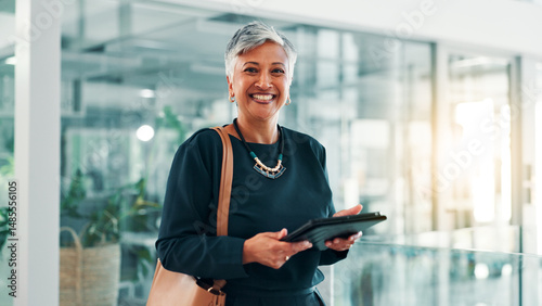 Картината върху платно Portrait, research and tablet with business woman in office for information, project management, report