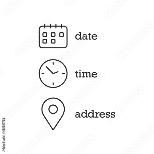 Date, time, location icon in flat style. Event message vector illustration on isolated background. Information sign business concept.