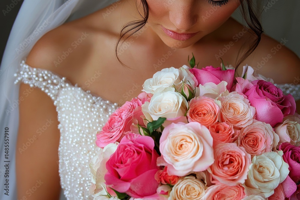 Bride in an elegant pearl-adorned dress holding a vibrant bouquet of pink, peach, and white roses, expressing a serene and intimate moment Bride in an elegant pearl-adorned dress holding a vibrant bouquet of pink, peach, and white roses, expressing a serene and intimate moment