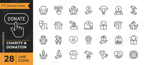 Charity and Donation line icon set. Contain icons related to Help, volunteer, donated, assistance, sharing, solidarity, and more. Linear icon collection. Editable stroke. Vector illustration