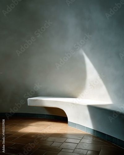Curved Concrete Bench in Sunlight. Minimalist Architectural Form