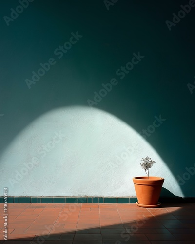 Potted Plant in Spotlight. Minimalist Terracotta Floor Scene