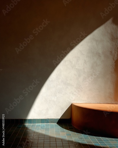 Wooden Bench under Arch Light. Minimalist Tiled Floor Scene