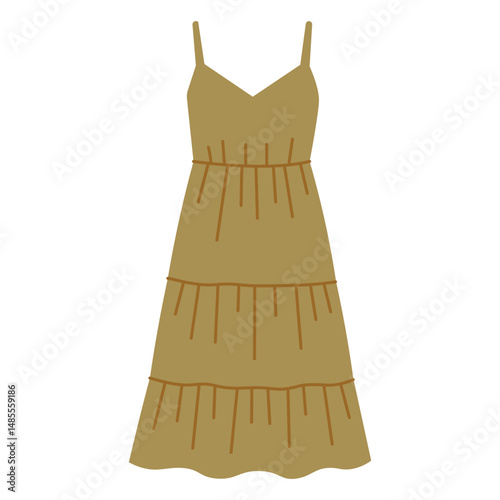 Tiered Olive Brown Summer Dress Vector Illustration
